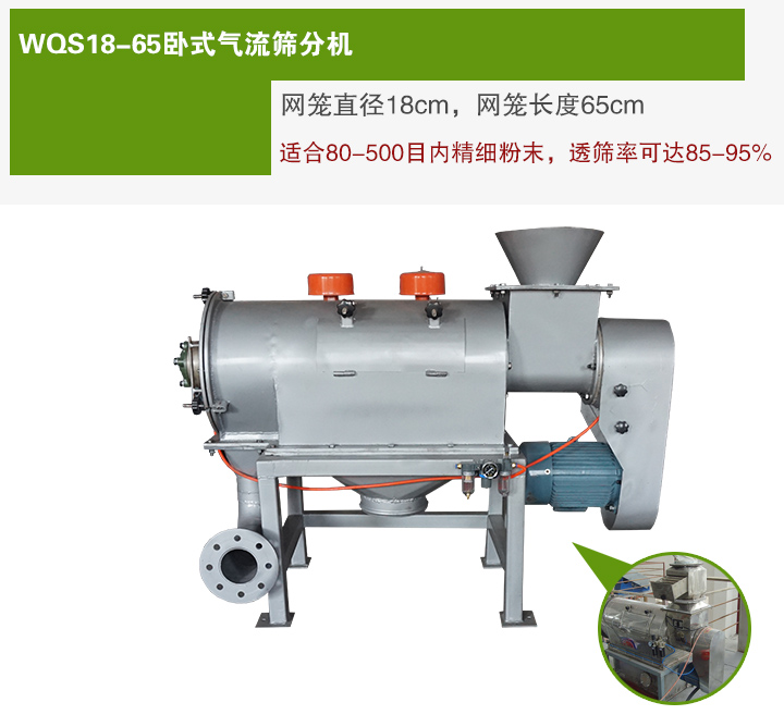 WQS18-65臥式氣流篩分機(jī)網(wǎng)籠直徑為18cm，網(wǎng)籠長度為65cm